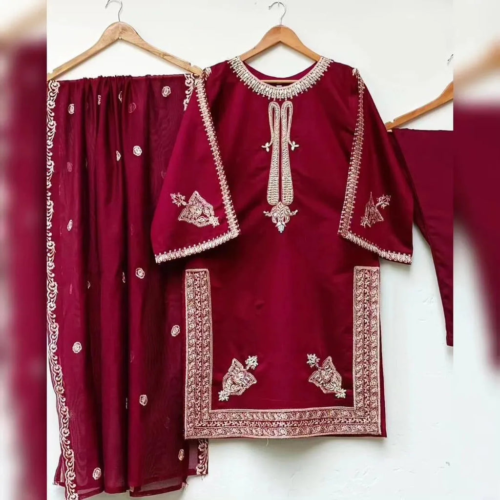 Maroon Embroidered 3Pc Kurta Set with Dupatta