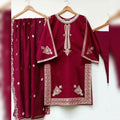 Maroon Embroidered 3Pc Kurta Set with Dupatta