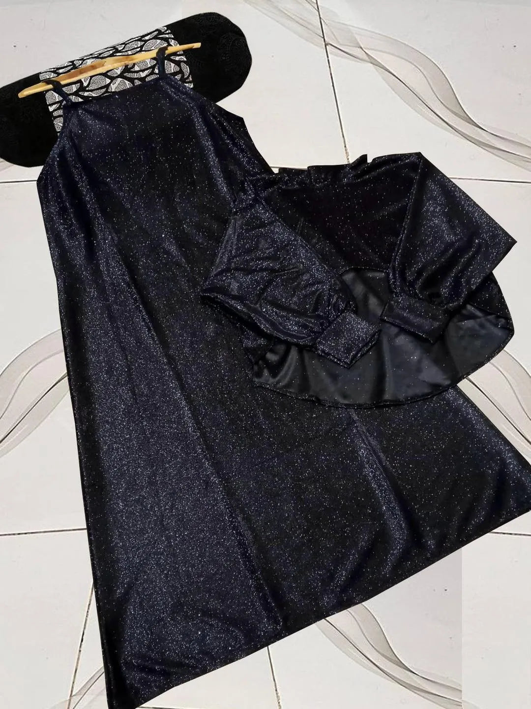 Black Glitter Maxi Dress 2Pcs Set Party Wear