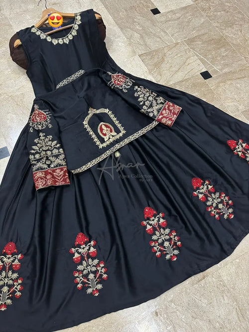 2 Pcs Women's Stitched Shamoz Silk Embroidered Maxi and Jacket