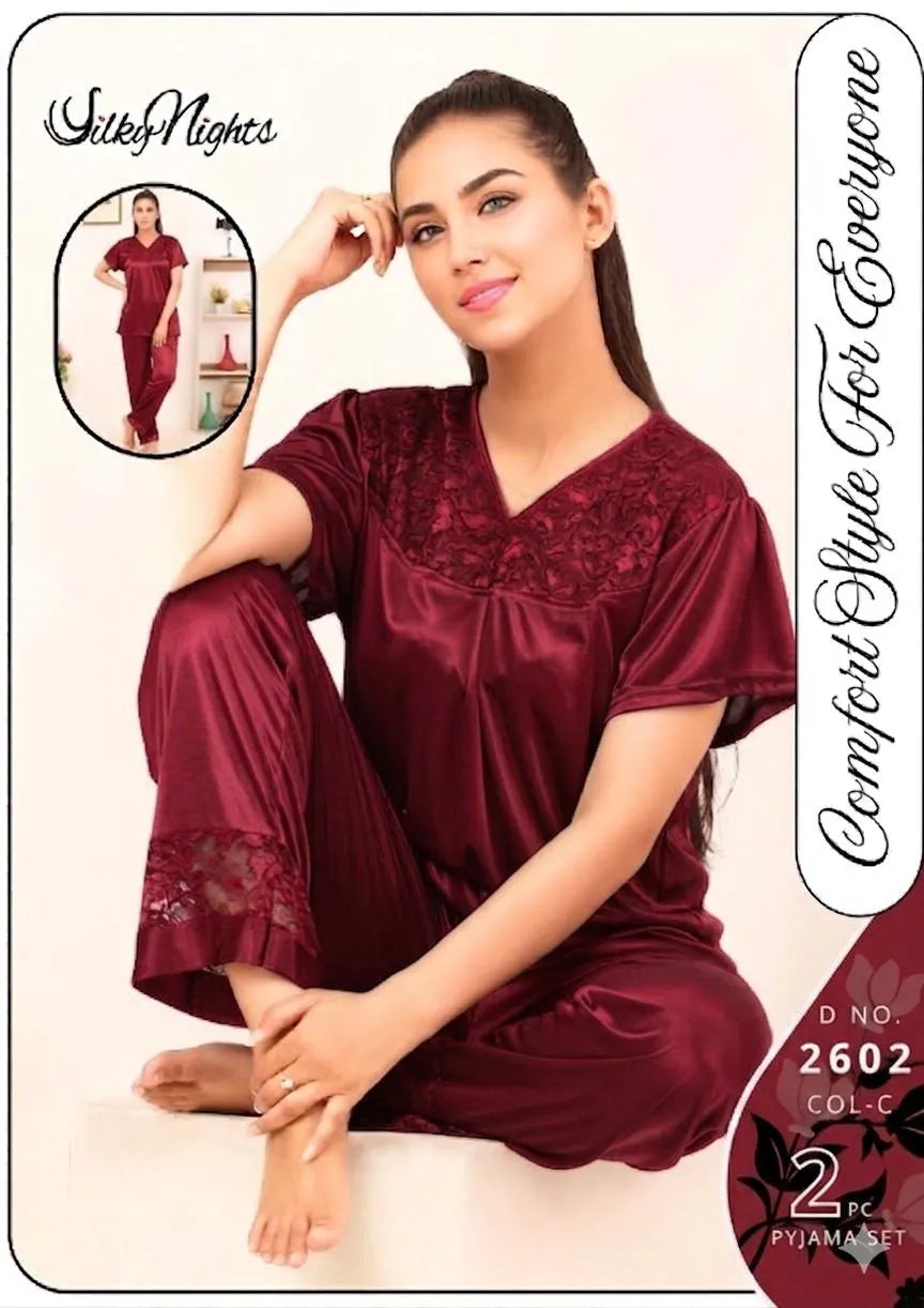 Maroon Silk V-Neck 2Pcs Sleep Set for Women
