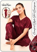 Maroon Silk V-Neck 2Pcs Sleep Set for Women