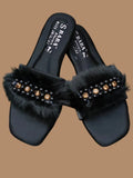 Women Synthetic Leather Rhinestone Flats Black Size 6-10