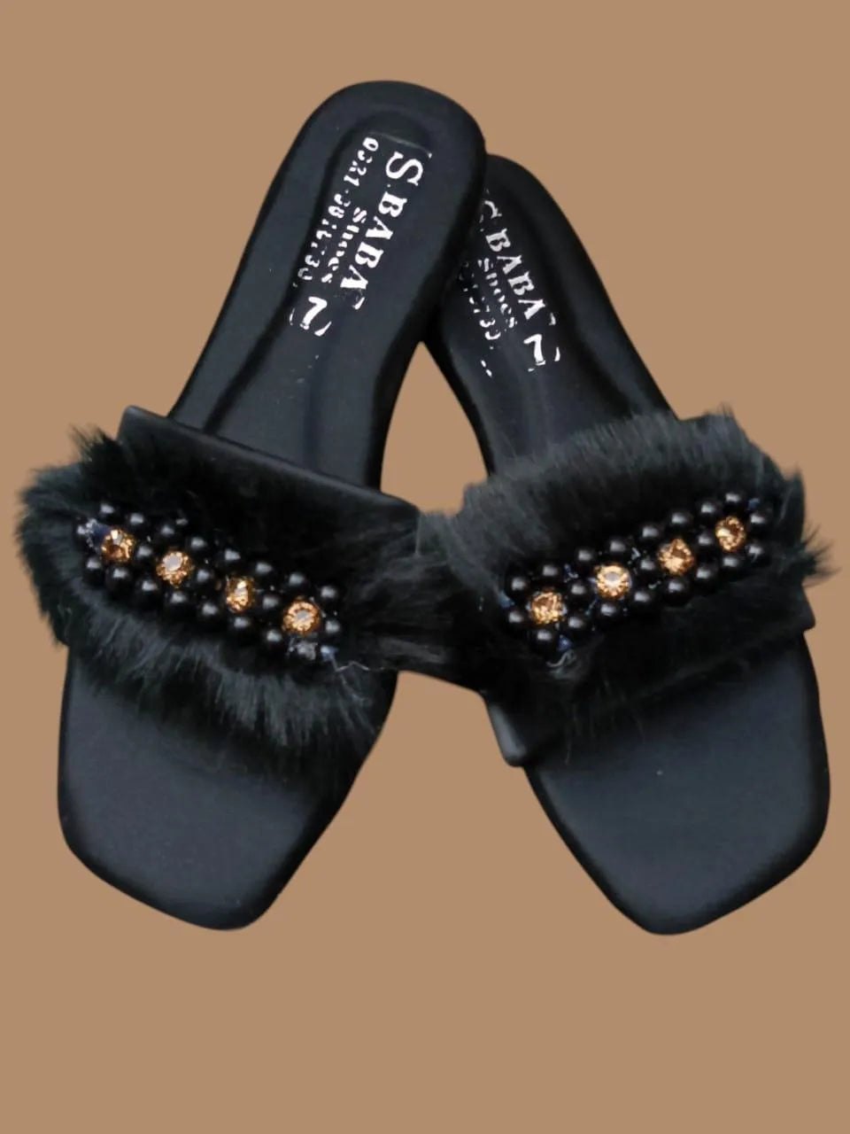 Women Synthetic Leather Rhinestone Flats Black Size 6-10