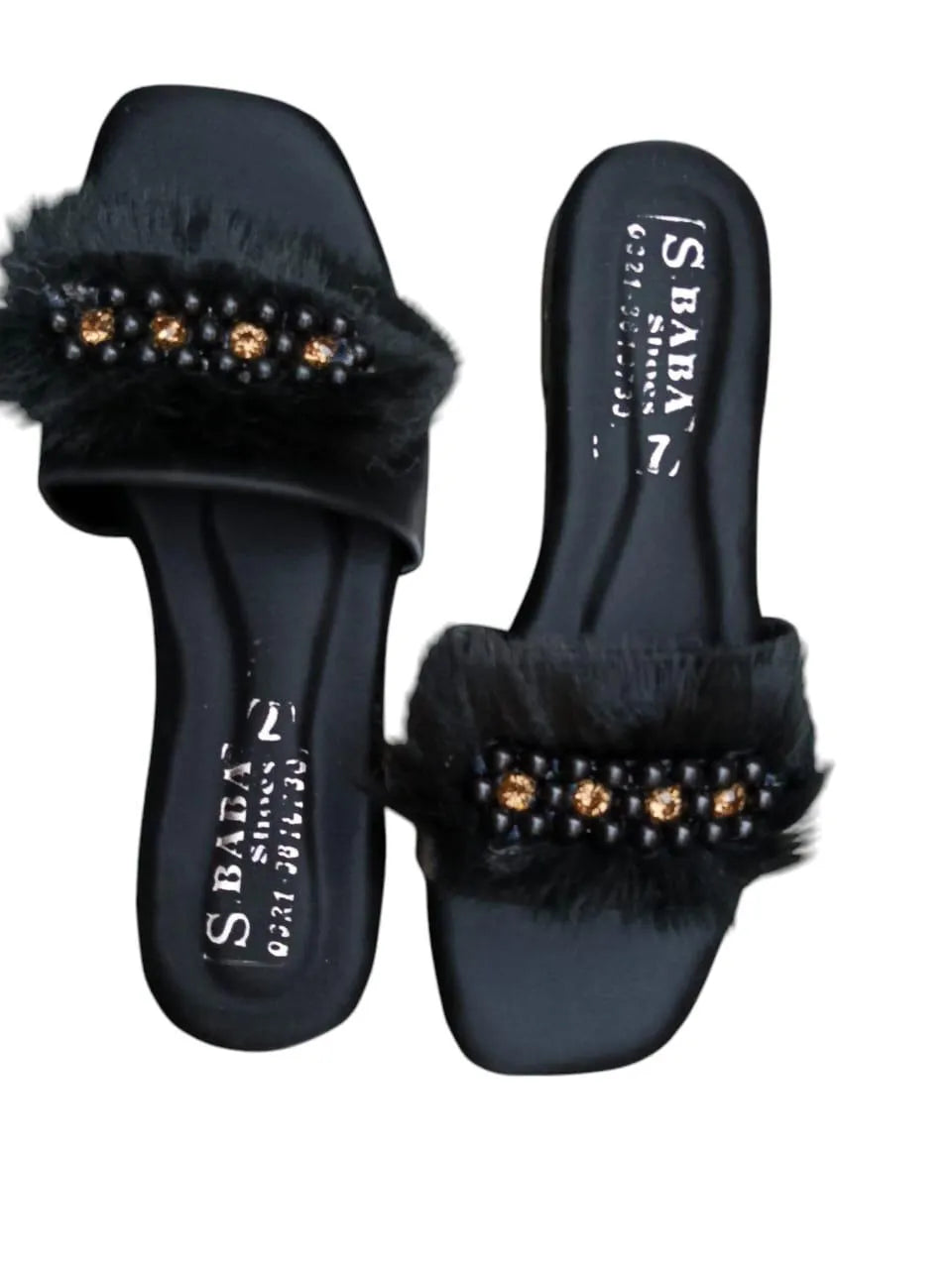 Women Synthetic Leather Rhinestone Flats Black Size 6-10