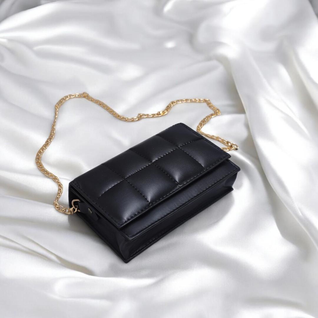 Black Quilted Crossbody Bag for Girls with Gold Chain Strap