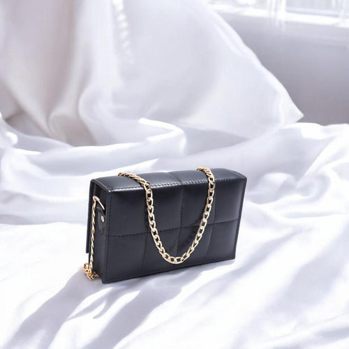 Black Quilted Crossbody Bag for Girls with Gold Chain Strap